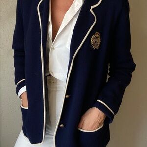 LAUREN RALPH LAUREN Wool ROYAL NAVY BLUE CREST COAT OF ARMS CARDIGAN SWEATER S